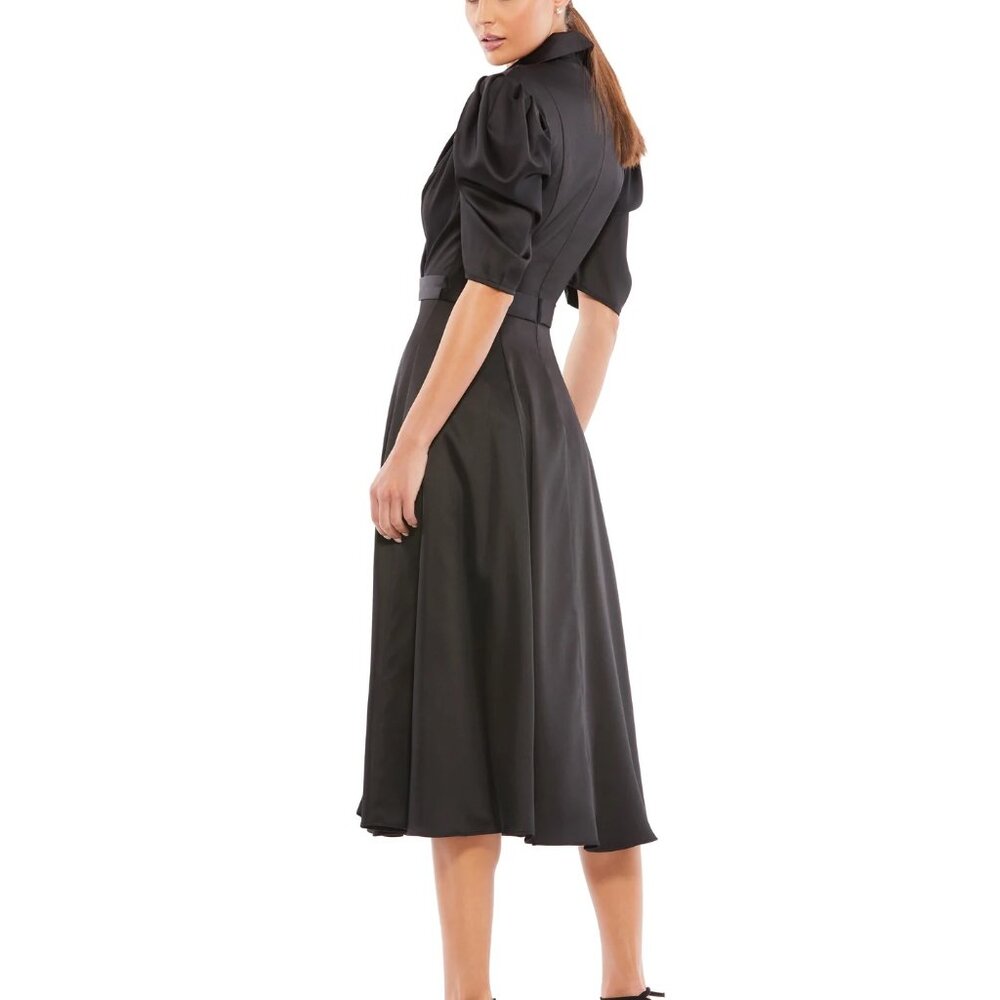 NEW | Mac Duggal 26628 Black Satin Lapel Puff Sleeve Tea Length Dress 8 - Picture 2 of 5
